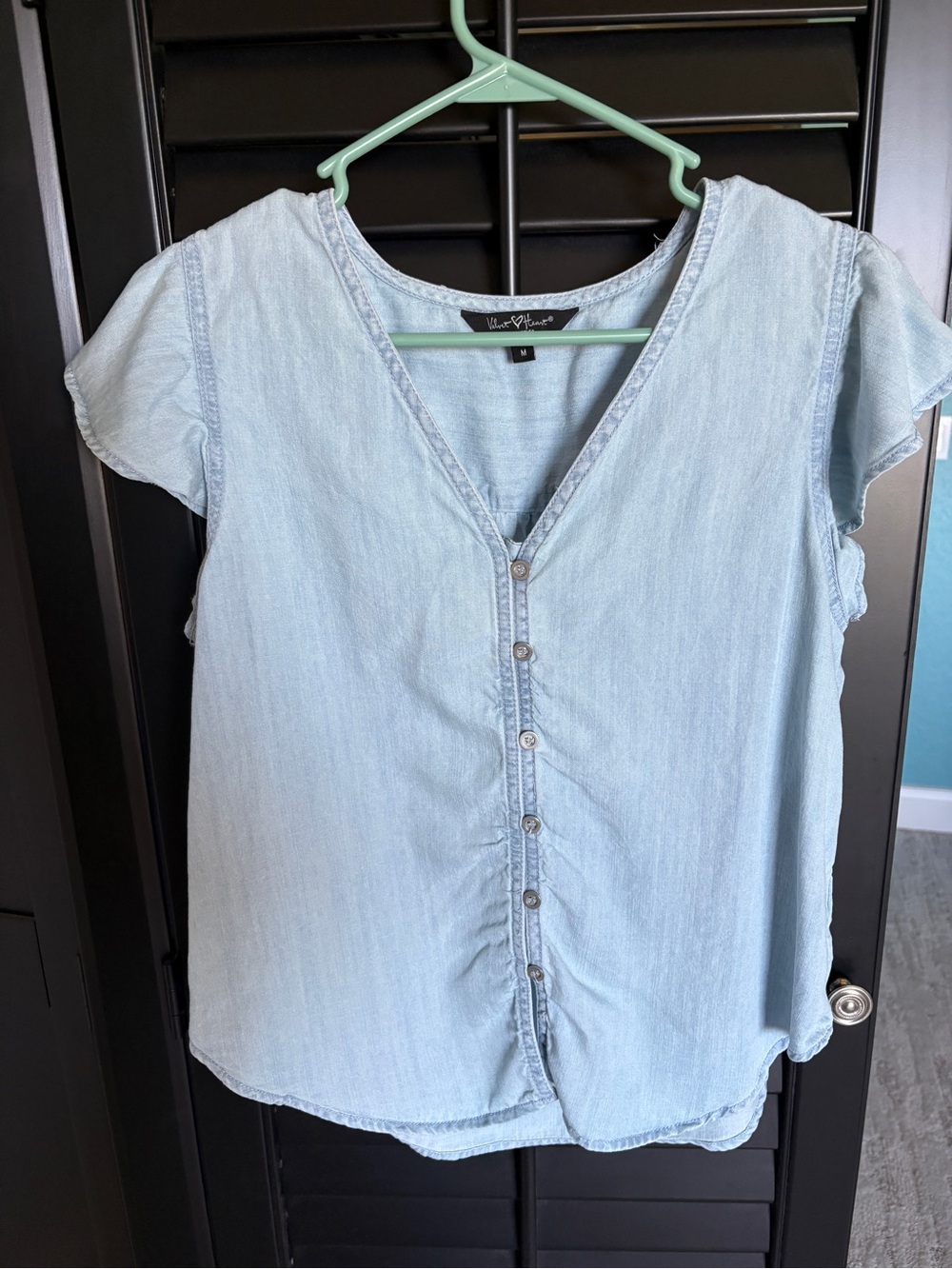 Light Blue Denim Button-Front V-Neck Top